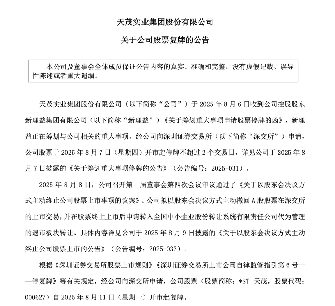 深夜突发！*ST天茂，拟主动退市！